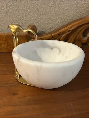 Marble Jewelry Catchall Bowl with Brass Flamingo Accent - White
